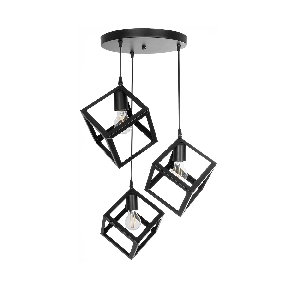 GloboStar® DISE 201-0051 Μοντέρνο Κρεμαστό Φωτιστικό Κύβος Τρίφωτο 3 x E27 IP20 Μαύρο Μέταλλο - Φ40 x Υ90cm - Image 3