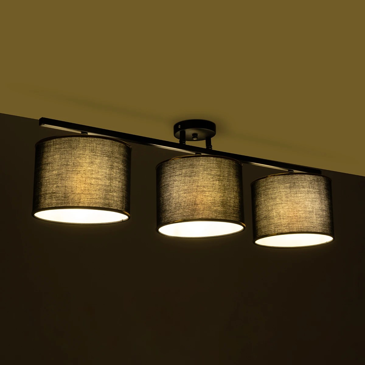 GloboStar® GLOWEN 201-0086 Vintage Φωτιστικό Οροφής Ράγα Τρίφωτο 3 x E27 IP20 Μαύρο Μέταλλο με Καφέ Υφάσμα - Μ79 x Π25 x Υ26cm - Image 2