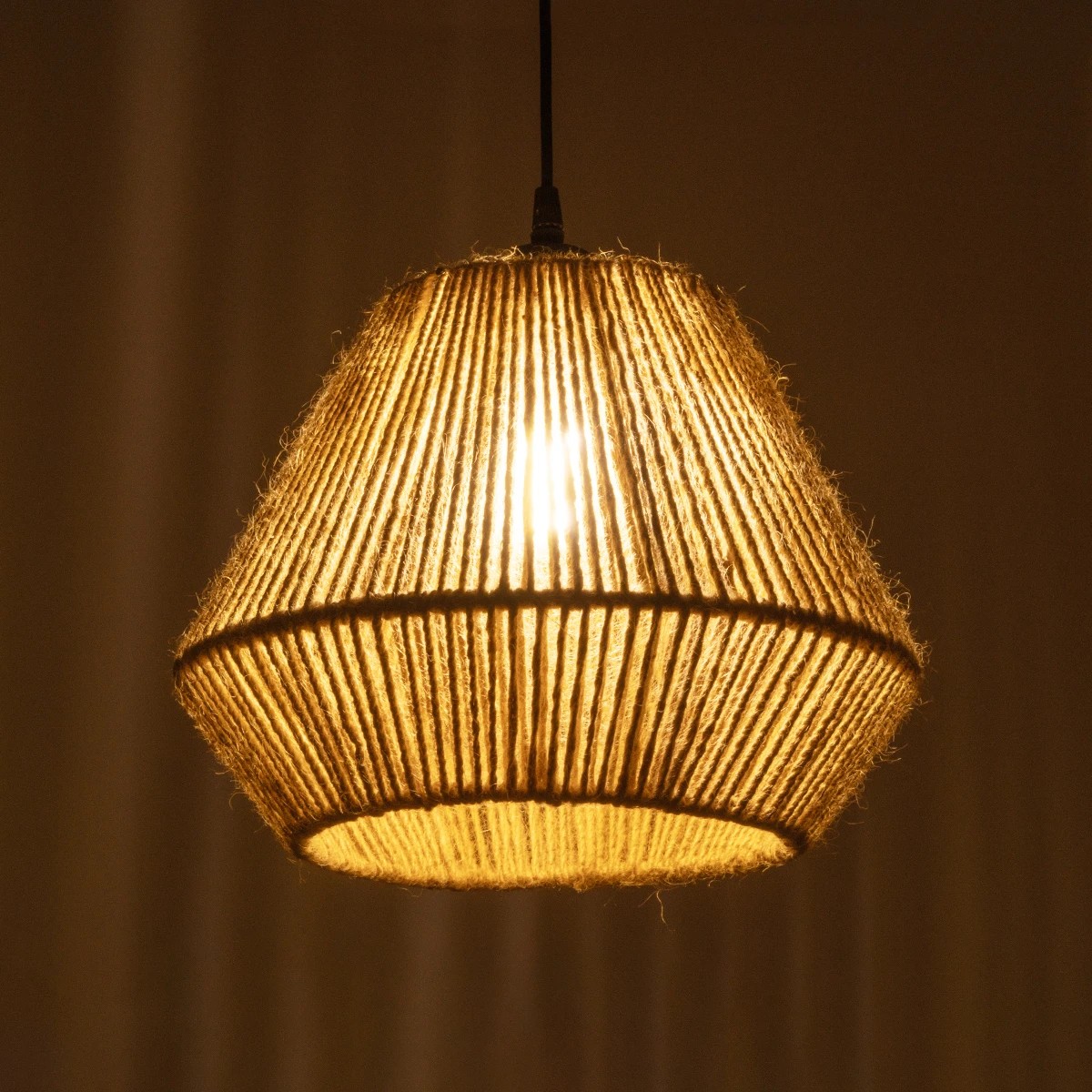 GloboStar® GLARO 201-0112 Vintage Κρεμαστό Φωτιστικό Καμπάνα Μονόφωτο 1 x E27 IP20 Μαύρο Μέταλλο με Μπεζ Σχοινί - Μ30 x Π30 x Υ70cm - Image 2