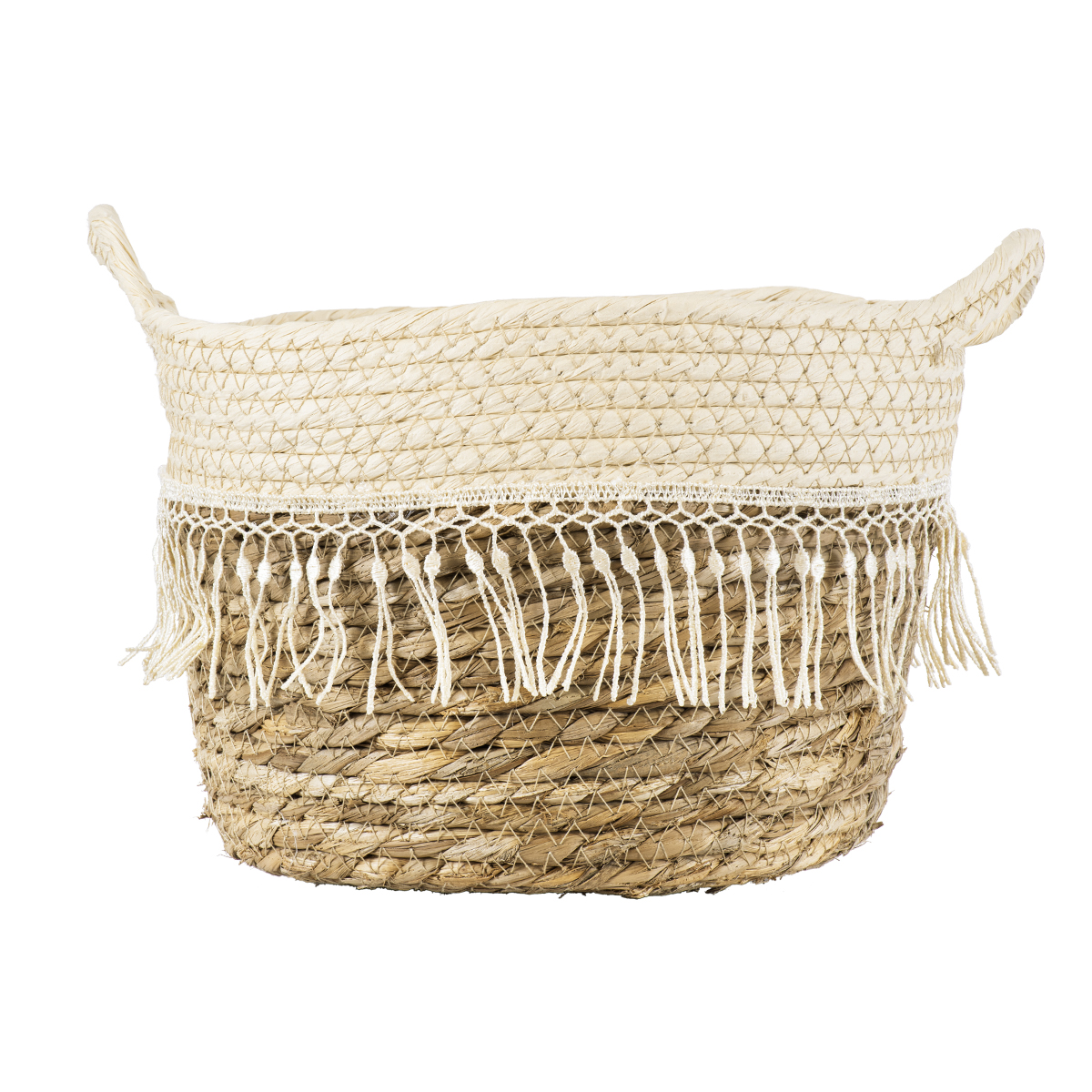 GloboStar® Artificial Garden MYKONOS 20279 Διακοσμητικό Πλεκτό Καλάθι - Κασπώ Γλάστρα - Flower Pot Μπεζ με Μακραμέ Φ22cm x Υ15cm - Image 3