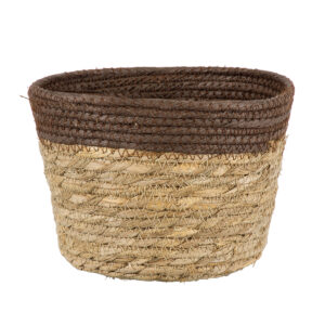 GloboStar® Artificial Garden LEFKADA 20287 Διακοσμητικό Πλεκτό Καλάθι - Κασπώ Γλάστρα - Flower Pot Μπεζ με Καφέ Φ22cm x Υ15cm