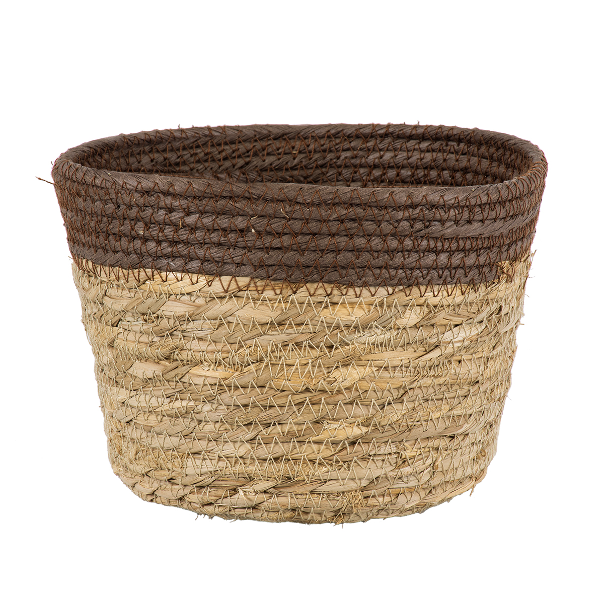 GloboStar® Artificial Garden LEFKADA 20287 Διακοσμητικό Πλεκτό Καλάθι - Κασπώ Γλάστρα - Flower Pot Μπεζ με Καφέ Φ22cm x Υ15cm