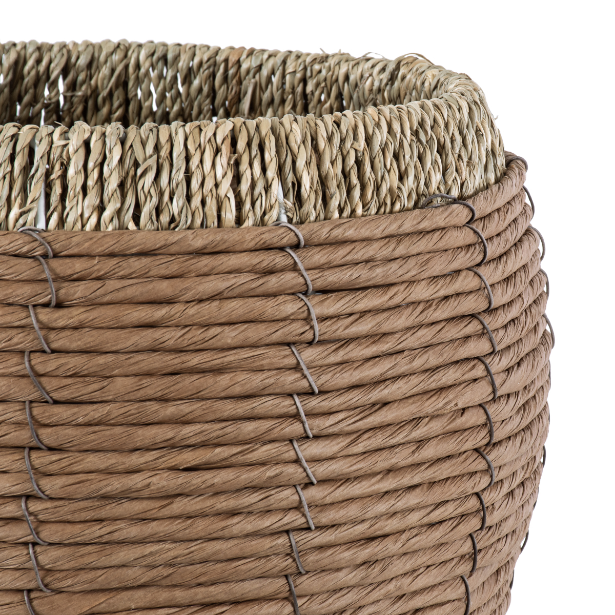 GloboStar® Artificial Garden AMORGOS 20337 Διακοσμητικό Πλεκτό Καλάθι - Κασπώ Γλάστρα - Flower Pot Μπεζ με Καφέ Φ25cm x Υ21cm - Image 4