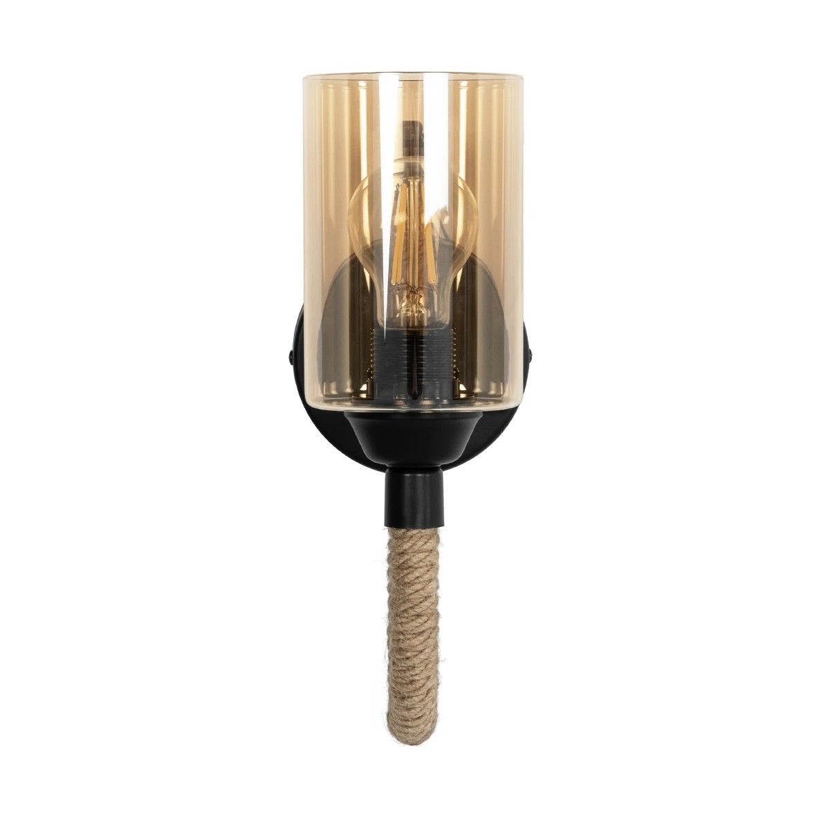 GloboStar® RIFT 203-0002 Vintage Επιτοίχιο Φωτιστικό Απλίκα Σχοινί Μονόφωτο 1 x E27 IP20 Μαύρο Μέταλλο με Μπεζ Σχοινί με Φιμέ Γυαλί - Μ22.5 x Π22.5 x Υ28.5cm - Image 3