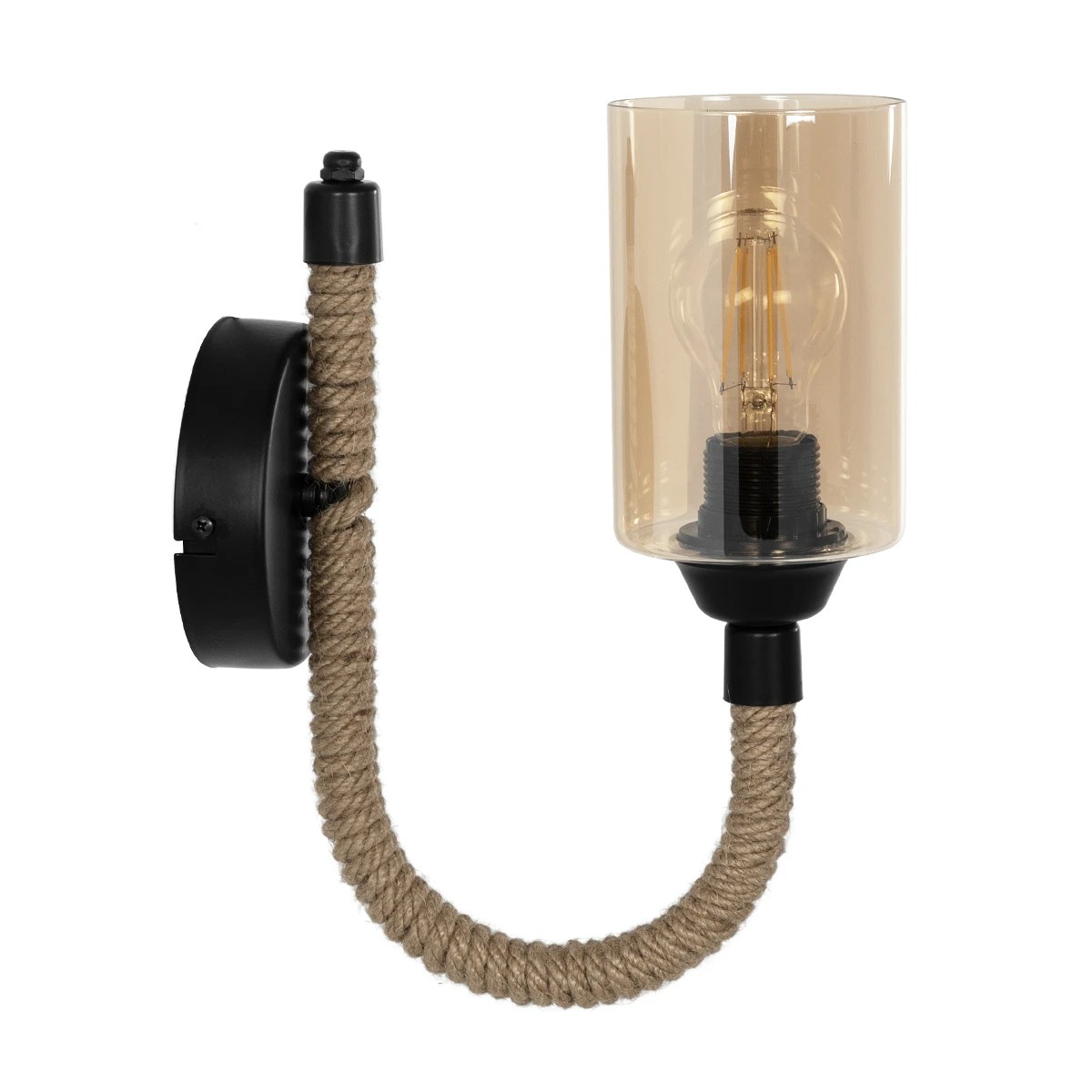 GloboStar® RIFT 203-0002 Vintage Επιτοίχιο Φωτιστικό Απλίκα Σχοινί Μονόφωτο 1 x E27 IP20 Μαύρο Μέταλλο με Μπεζ Σχοινί με Φιμέ Γυαλί - Μ22.5 x Π22.5 x Υ28.5cm - Image 4