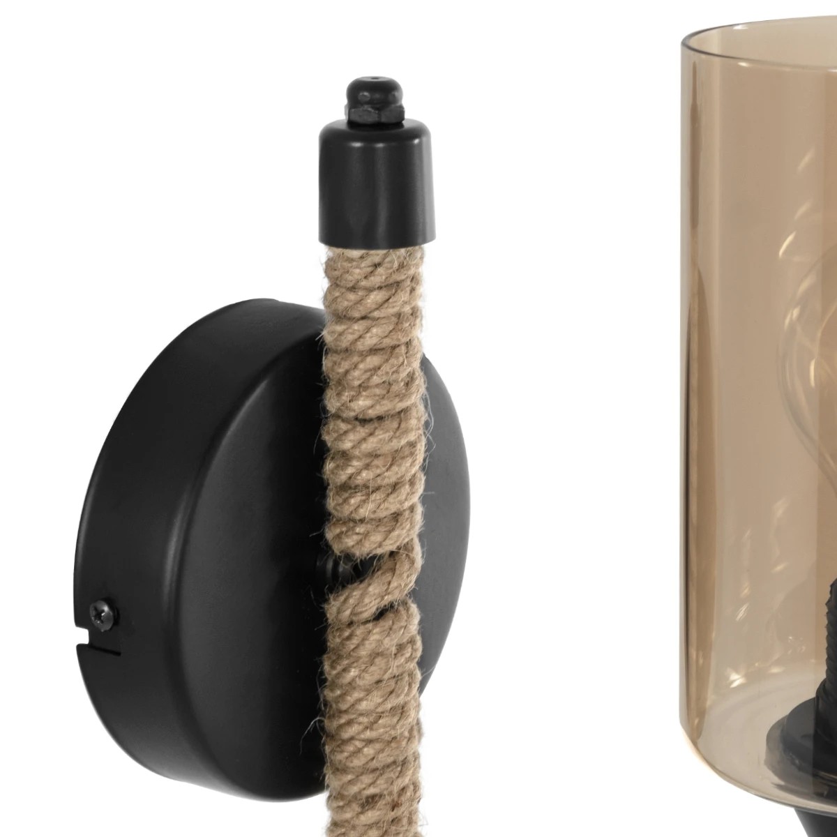GloboStar® RIFT 203-0002 Vintage Επιτοίχιο Φωτιστικό Απλίκα Σχοινί Μονόφωτο 1 x E27 IP20 Μαύρο Μέταλλο με Μπεζ Σχοινί με Φιμέ Γυαλί - Μ22.5 x Π22.5 x Υ28.5cm - Image 6