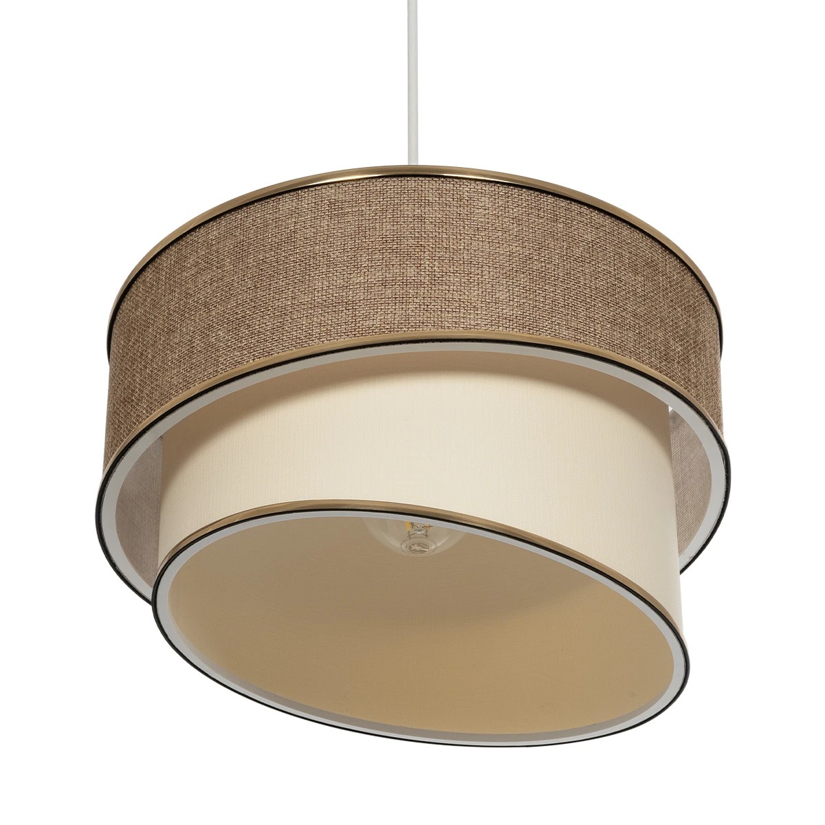 GloboStar® SONIA 203-0121 Μοντέρνο Κρεμαστό Φωτιστικό Καπέλο Μονόφωτο 1 x E27 IP20 Σκούρο Μπεζ & Μπεζ Ύφασμα με Χρυσή Λεπτομέρεια - Μ30 x Π30 x Υ90 cm - Image 5