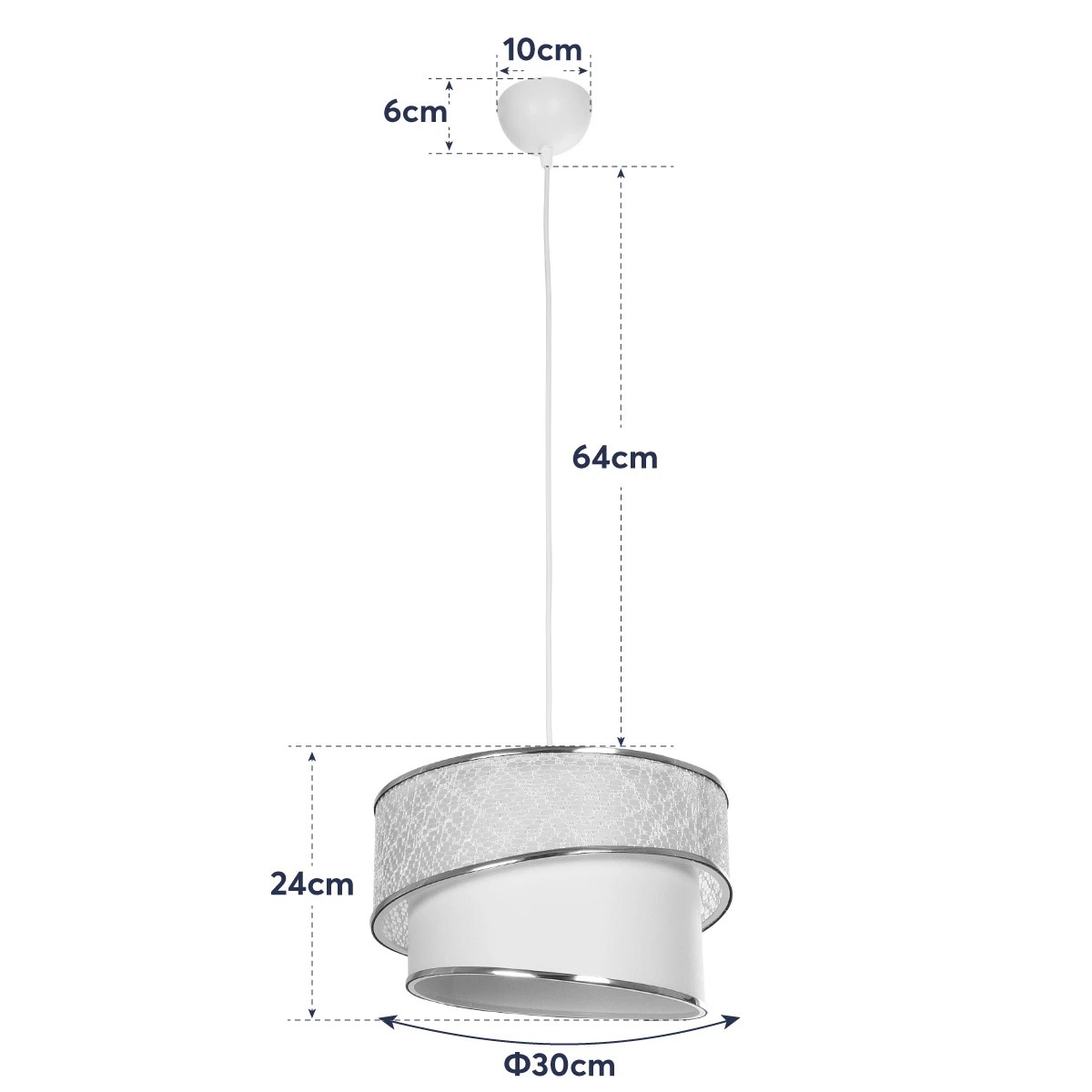 GloboStar® SONIA 203-0123 Μοντέρνο Κρεμαστό Φωτιστικό Καπέλο Μονόφωτο 1 x E27 IP20 Γκρι & Λευκό Ύφασμα με Ασημί Λεπτομέρεια - Μ30 x Π30 x Υ90 cm - Image 10