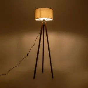 GloboStar® SAGA 204-0036 Μοντέρνο Eπιδαπέδιο Φωτιστικό Μονόφωτο 1 x E27 IP20 Καρυδί Ξύλο με Γκρι Ύφασμα - Μ38 x Π38 x Υ140cm