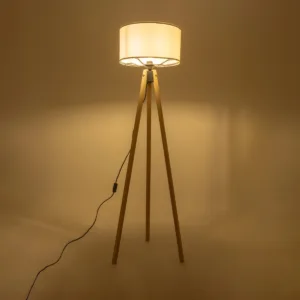 GloboStar® SAGA 204-0046 Μοντέρνο Eπιδαπέδιο Φωτιστικό Μονόφωτο 1 x E27 IP20 Μπεζ Ξύλο με Λευκό Ύφασμα - Μ38 x Π38 x Υ140cm