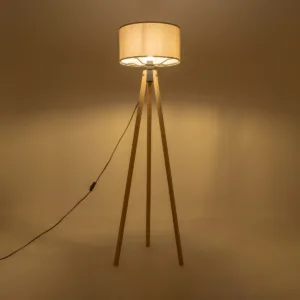 GloboStar® SAGA 204-0048 Μοντέρνο Eπιδαπέδιο Φωτιστικό Μονόφωτο 1 x E27 IP20 Μπεζ Ξύλο με Γκρι Ύφασμα - Μ38 x Π38 x Υ140cm