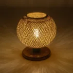 GloboStar® BOWL 204-0087 Μοντέρνο Eπιτραπέζιο Φωτιστικό Μονόφωτο 1 x E27 IP20 Καφέ Ξύλο με Μπεζ Σνοινί - Μ19 x Π19 x Υ22cm - Image 2