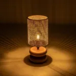 GloboStar® KLOO 204-0143 Boho Eπιτραπέζιο Φωτιστικό Μονόφωτο 1 x E27 IP20 Καφέ Ξύλο με Μπεζ Διάτρτητο Ύφασμα - Μ15 x Π15 x Υ35cm - Image 2