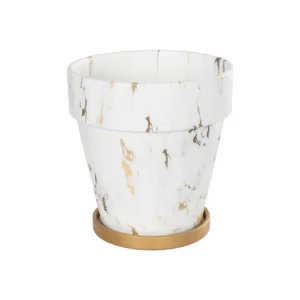 GloboStar® Artificial Garden DENPASAR 20526 Διακοσμητική Κεραμική Γλάστρα Λευκή με Χρυσό Μ20 x Π20 x Υ21 cm