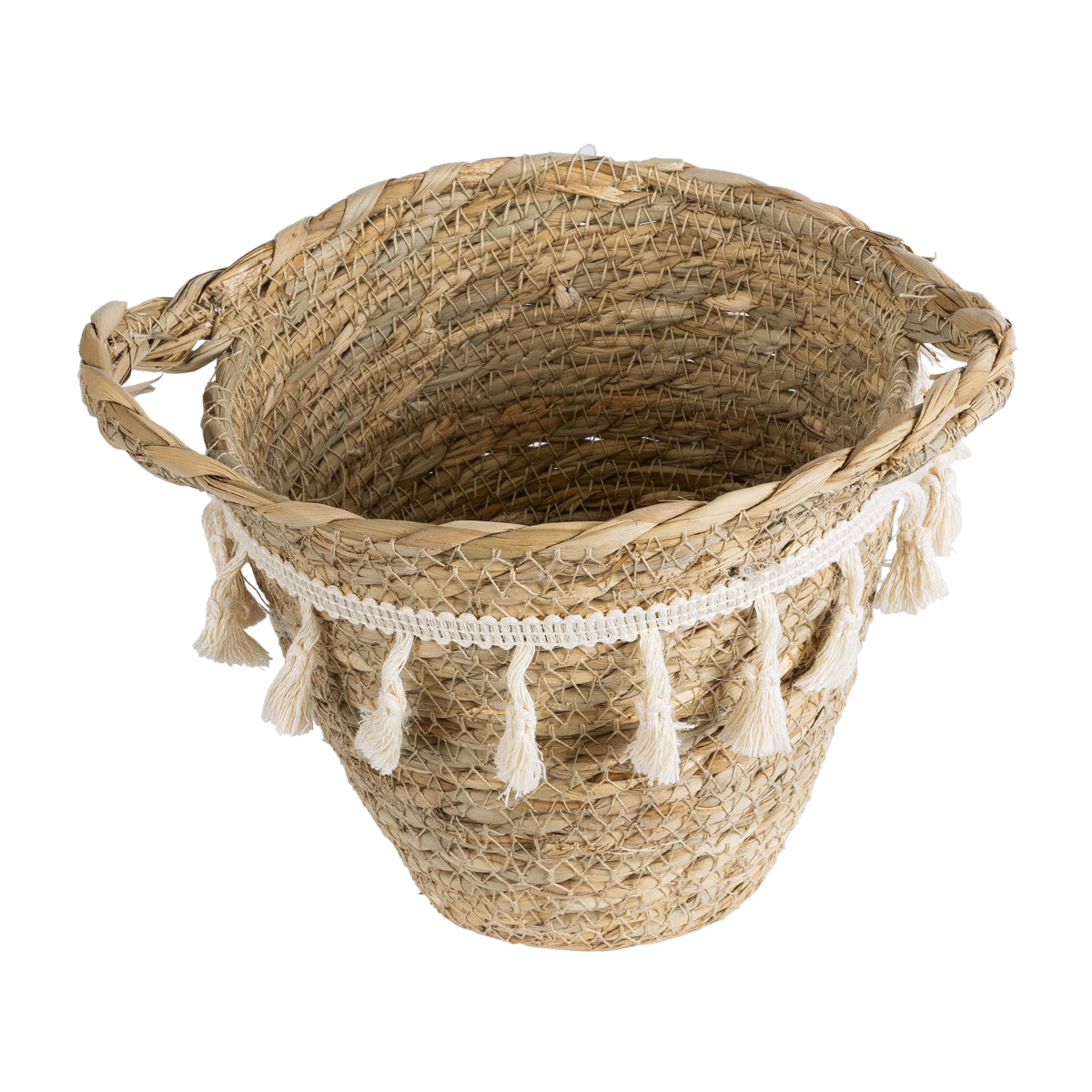 GloboStar® Artificial Garden SANTORINI 20572 Διακοσμητικό Πλεκτό Κασπώ Γλάστρα - Flower Pot Μπεζ με Λευκό Φ17 x Υ16cm - Image 2