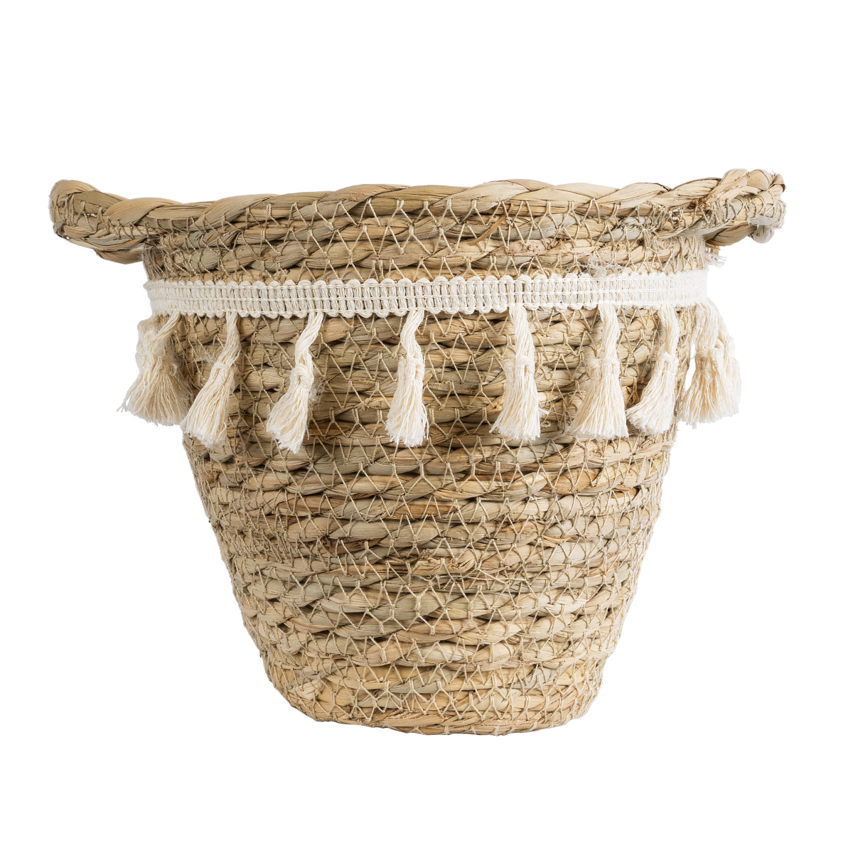 GloboStar® Artificial Garden SANTORINI 20572 Διακοσμητικό Πλεκτό Κασπώ Γλάστρα - Flower Pot Μπεζ με Λευκό Φ17 x Υ16cm - Image 3