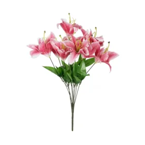 GloboStar® Artificial Garden PINK LILLY BOUQUET 21314 Τεχνητό Διακοσμητικό Μπουκέτο Ροζ Κρίνα Y55cm