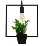 GloboStar® FLOWERPOT 10001211 Μοντέρνο Κρεμαστό Φωτιστικό Ανάρτηση Μονόφωτο 1 x E27 IP20 Μαύρο Μέταλλο με Πράσινο Πλαστικό - Μ30 x Π30 x Υ30cm