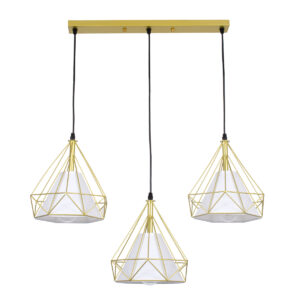 GloboStar® EIFFEL 61571 Vintage Κρεμαστό Φωτιστικό Ράγα Τρίφωτο 3 x E27 IP20 Χρυσό Μέταλλο με Λευκό Ύφασμα - Μ68 x Π25 x Υ130cm