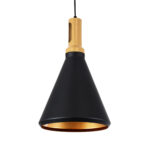 GloboStar® CALYPSO 01334-C Μοντέρνο Κρεμαστό Φωτιστικό Καμπάνα Μονόφωτο 1 x E27 IP20 Μαύρο & Χρυσό Μέταλλο με Μπεζ Ξύλο - Μ25 x Π25 x Υ40cm