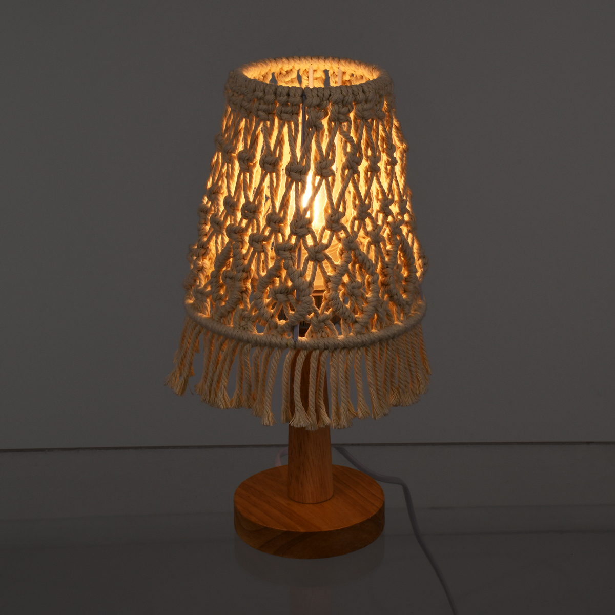 GloboStar® RWANDA 36210 Vintage Επιτραπέζιο Φωτιστικό Πορτατίφ Μονόφωτο Boho - Μακραμέ Πλεκτό Χειροποίητο Μπεζ Υφασμάτινο με Σχοινί Φ15 x Υ30cm - Image 2