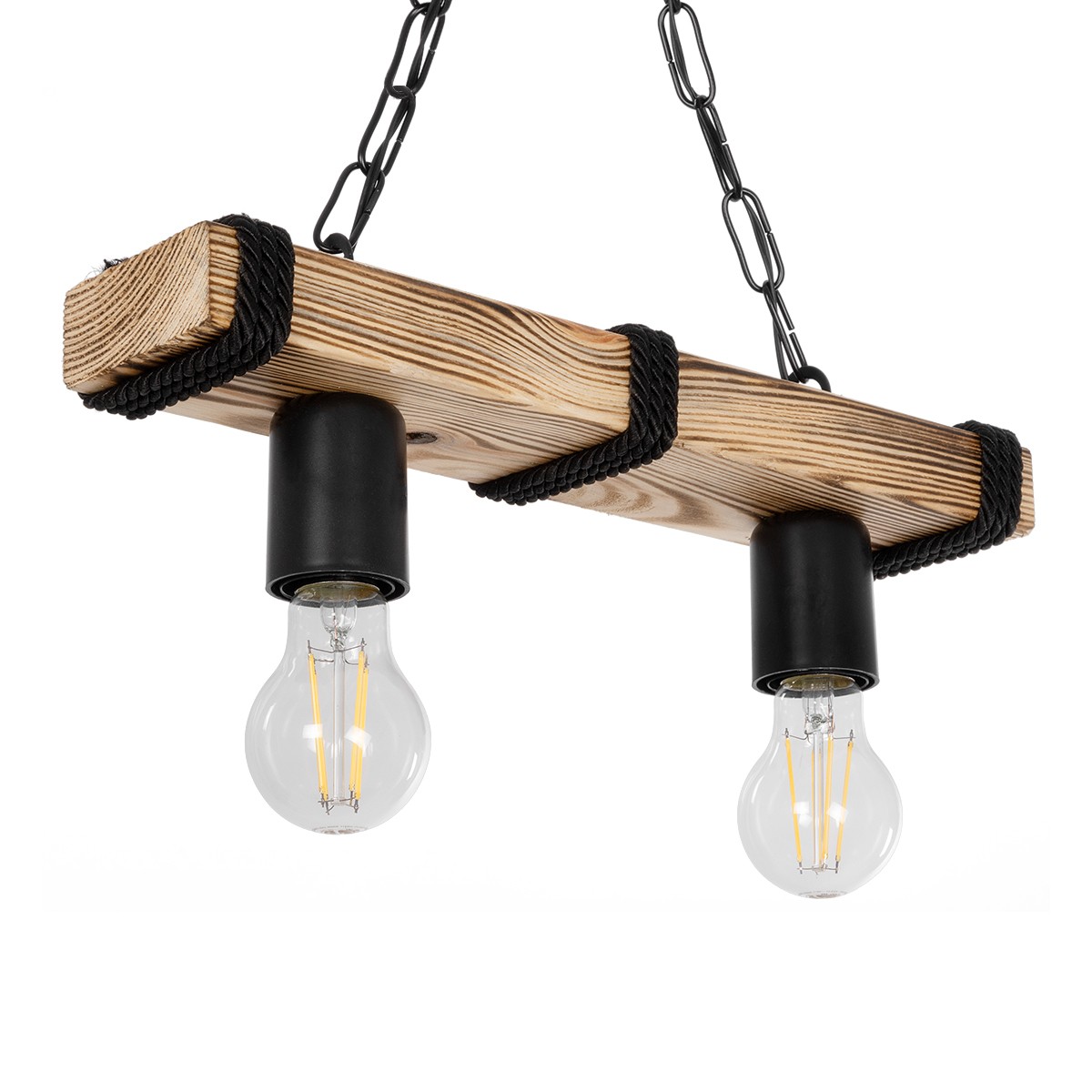 GloboStar® GLISTER 201-0002 Vintage Κρεμαστό Φωτιστικό Ράγα Δίφωτο 2 x E27 IP20 Μπεζ Ξύλο με Μαύρο Σχοινί - Μ40 x Π10 x Υ65cm
