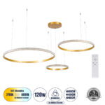 GloboStar® DIAMOND TRIO 61145 Κρεμαστό Φωτιστικό Δαχτυλίδι-Κύκλος LED CCT 120W 14723lm 360° AC 220-240V - Εναλλαγή Φωτισμού μέσω Τηλεχειριστηρίου All In One Ψυχρό 6000k+Φυσικό 4500k+Θερμό 2700k Dimmable Φ40+60+80cm - Χρυσό Βούρτσας - 3 Years Warranty
