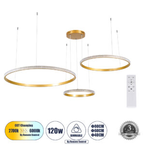 GloboStar® DIAMOND TRIO 61145 Κρεμαστό Φωτιστικό Δαχτυλίδι-Κύκλος LED CCT 120W 14723lm 360° AC 220-240V - Εναλλαγή Φωτισμού μέσω Τηλεχειριστηρίου All In One Ψυχρό 6000k+Φυσικό 4500k+Θερμό 2700k Dimmable Φ40+60+80cm - Χρυσό Βούρτσας - 3 Years Warranty