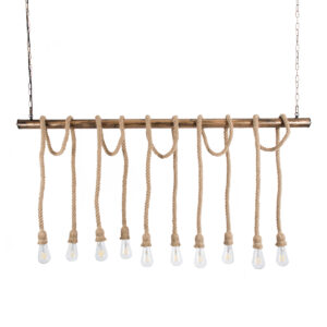 GloboStar® RAILROAD 01380 Vintage Κρεμαστό Φωτιστικό Ράγα Πολύφωτο 10 x E27 IP20 Χάλκινο Μέταλλο με Μπεζ Σχοινί - Μ150 x Π4 x Y62.5cm