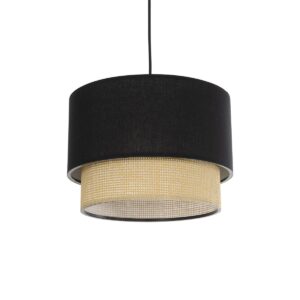 GloboStar® BIGGIE 204-0098 Μοντέρνο Κρεμαστό Φωτιστικό Kαπέλο Μονόφωτο 1 x E27 IP20 Μαύρο Ύφασμα με Μπεζ Rattan - Μ30 x Π30 x Υ70cm