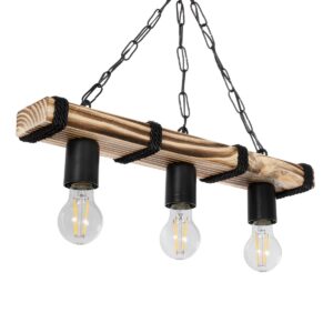 GloboStar® GLISTER 201-0003 Vintage Κρεμαστό Φωτιστικό Ράγα Τρίφωτο 3 x E27 IP20 Μπεζ Ξύλο με Μαύρο Σχοινί - Μ50 x Π10 x Υ65cm