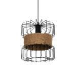 GloboStar® ORB 201-0096 Vintage Κρεμαστό Φωτιστικό Πλέγμα Μονόφωτο 1 x E27 IP20 Μαύρο Μέταλλο με Μπεζ Σχοινί - Μ28 x Π28 x Υ80cm