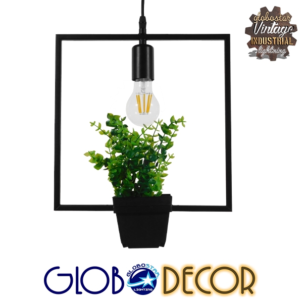 GloboStar® FLOWERPOT 10001211 Μοντέρνο Κρεμαστό Φωτιστικό Ανάρτηση Μονόφωτο 1 x E27 IP20 Μαύρο Μέταλλο με Πράσινο Πλαστικό - Μ30 x Π30 x Υ30cm - Image 2