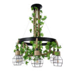 GloboStar® HELLET 01193 Vintage Κρεμαστό Φωτιστικό Πλέγμα Πολύφωτο 6 x E27 IP20 Μαύρο Μέταλλο, Πράσινο Πλαστικό με Μπεζ Σχοινί - Μ72 x Π72 x Υ80cm