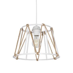 GloboStar® JUTE 203-0091 Μοντέρνο Κρεμαστό Φωτιστικό Σχοινί Μονόφωτο 1 x E27 IP20 Λευκό Μεταλλό με Μπεζ Σχοινί - Μ30 x Π30 x Υ23cm