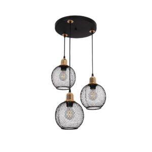 GloboStar® VIVIDUS 201-0020 Vintage Κρεμαστό Φωτιστικό Πλέγμα Τρίφωτο 3 x E27 IP20 Μαύρο και Χρυσό Μέταλλο - Μ32 x Π32 x Υ70cm