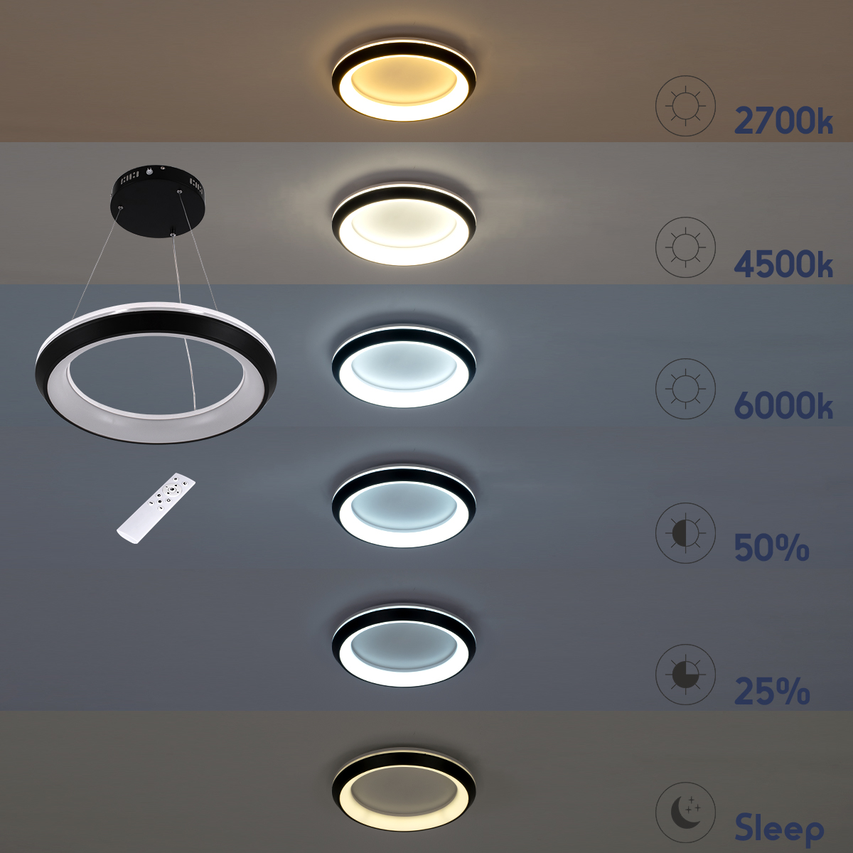 GloboStar® MELINA 61043 Κρεμαστή Πλαφονιέρα Οροφής Κύκλος LED CCT 55W 6376lm 120° AC 220-240V - Εναλλαγή Φωτισμού μέσω Τηλεχειριστηρίου All In One Ψυχρό Λευκό 6000k+Φυσικό Λευκό 4500k+Θερμό Λευκό 2700k Dimmable Φ48cm - Μαύρο - 3 Years Warranty - Image 10