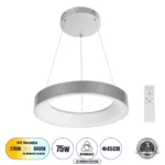 GloboStar® SALEM 61242 Κρεμαστή Πλαφονιέρα Οροφής Δαχτυλίδι-Κύκλος LED CCT 75W 8625lm 120° AC 220-240V - Εναλλαγή Φωτισμού μέσω Τηλεχειριστηρίου All In One Ψυχρό 6000k+Φυσικό 4500k+Θερμό 2700k Dimmable Φ45cm - Ασημί - 3 Years Warranty