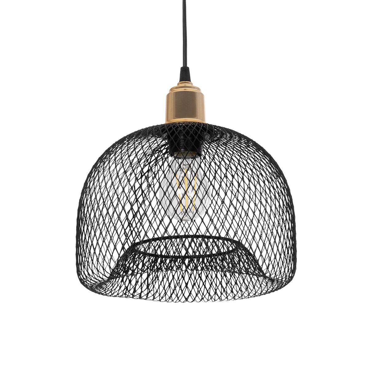 GloboStar® GLOZIA 201-0018 Μοντέρνο Κρεμαστό Φωτιστικό Πλέγμα Μονόφωτο 1 x E27 IP20 Μαύρο & Χρυσό Μέταλλο - Μ26 x Π26 x Υ70cm