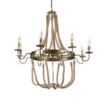 GloboStar® BAVARIAN 01405 Vintage Κρεμαστό Φωτιστικό Ανάρτηση Πολύφωτο 8 x E14 IP20 Μπρούτζινο Μέταλλο με Μπεζ Σχοινί - Μ87 x Π87 x Y80cm