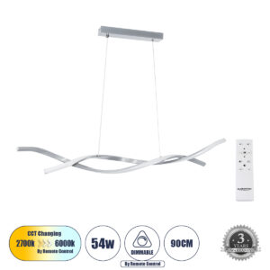GloboStar® MORALES 61277 Κρεμαστό Φωτιστικό Οροφής Design LED CCT 54W 6048lm 200° AC 220-240V - Εναλλαγή Φωτισμού μέσω Τηλεχειριστηρίου All In One Ψυχρό 6000k+Φυσικό 4500k+Θερμό 2700K Dimmable Μ90 x Π14 x Υ14cm - Ασημί Βούρτσας - 3 Χρόνια Εγγύηση