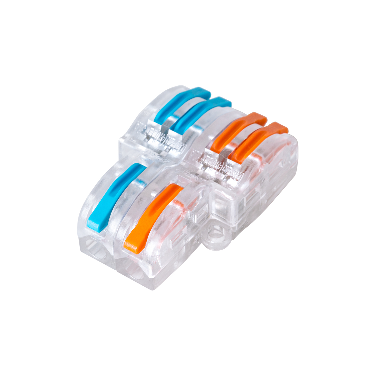 GloboStar® FAST-CONNECT 69909 Διπλή σε Τετραπλή Κλέμα Ταχείας Σύνδεσης & Διακλάδωσης Καλωδίων - 2 x Είσοδοι & 4 x Έξοδοι με Συμβατή Διατομή Καλωδίων 0.08mm² έως 2.5mm² - 250V/4KV 32A Max - Μ2.6 x Π4 x Υ1.5cm - Διάφανο με Πορτοκαλί & Μπλε - Πακέτο 5 Τεμαχίων - 5 Years Warranty - Image 2