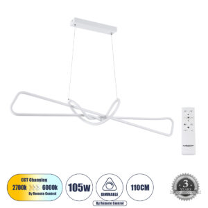 GloboStar® DOLORES 61280 Κρεμαστό Φωτιστικό Οροφής Design LED CCT 105W 11760lm 300° AC 220-240V - Εναλλαγή Φωτισμού μέσω Τηλεχειριστηρίου All In One Ψυχρό 6000k+Φυσικό 4500k+Θερμό 2700k Dimmable Μ110 x Π17 x Υ17.5cm - Λευκό - 3 Years Warranty
