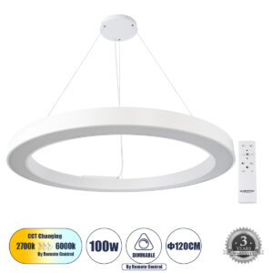 GloboStar® RA 61199 Κρεμαστό Φωτιστικό Δαχτυλίδι-Κύκλος LED CCT 100W 11020lm 120° AC 220-240V - Εναλλαγή Φωτισμού μέσω Τηλεχειριστηρίου All In One Ψυχρό 6000k+Φυσικό 4500k+Θερμό 2700k Dimmable Φ120cm - Λευκό - 3 Years Warranty