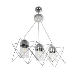GloboStar® PLEX 202-0039 Μοντέρνο Κρεμαστό Φωτιστικό Πλέγμα Τρίφωτο 3 x E27 IP20 Ασημί Μέταλλο με Διάφανο Γυαλί - Μ55 x Π20 x Υ70cm