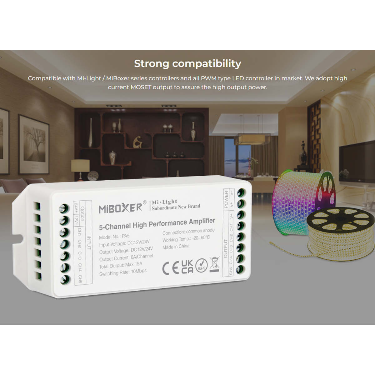 GloboStar® 71429 PA5 Mi-BOXER DC Power & Signal High Speed Amplifier Ενισχυτής Ισχύος & Σήματος Υψηλών Ταχυτήτων 5 Καναλιών DC 12-24V 5 x 6A 144W - Max 15A 360W - IP20 RGBW+WW Μ11.4 x Π4.9 x Υ2.8cm - 5 Years Warranty - Image 12