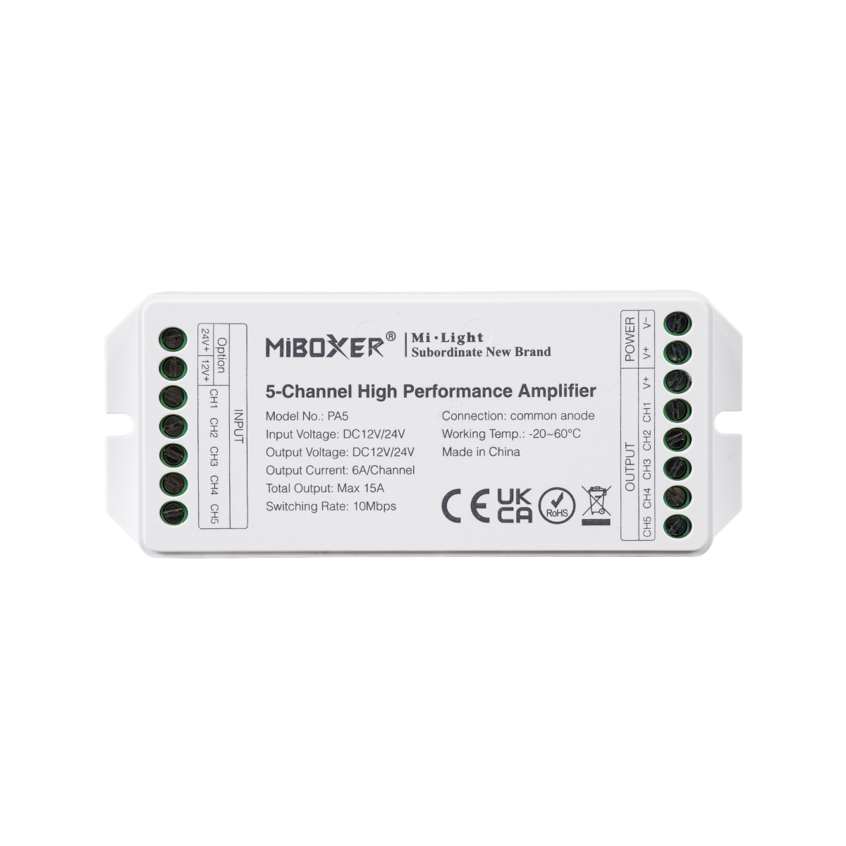 GloboStar® 71429 PA5 Mi-BOXER DC Power & Signal High Speed Amplifier Ενισχυτής Ισχύος & Σήματος Υψηλών Ταχυτήτων 5 Καναλιών DC 12-24V 5 x 6A 144W - Max 15A 360W - IP20 RGBW+WW Μ11.4 x Π4.9 x Υ2.8cm - 5 Years Warranty - Image 2