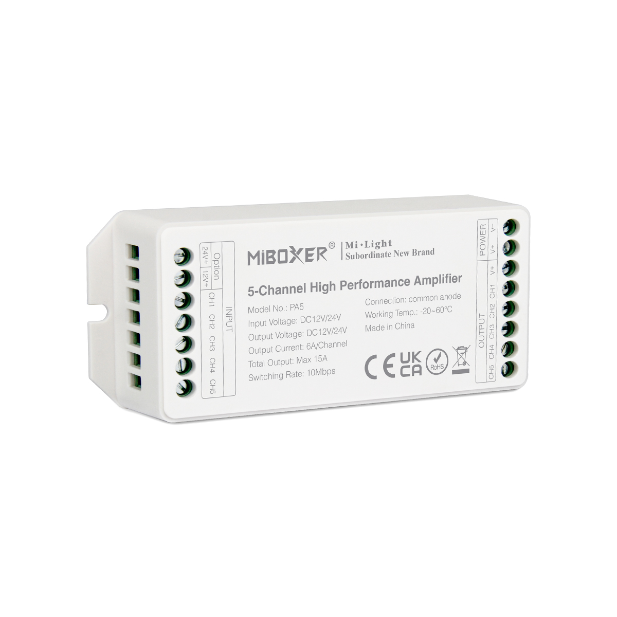 GloboStar® 71429 PA5 Mi-BOXER DC Power & Signal High Speed Amplifier Ενισχυτής Ισχύος & Σήματος Υψηλών Ταχυτήτων 5 Καναλιών DC 12-24V 5 x 6A 144W - Max 15A 360W - IP20 RGBW+WW Μ11.4 x Π4.9 x Υ2.8cm - 5 Years Warranty - Image 8