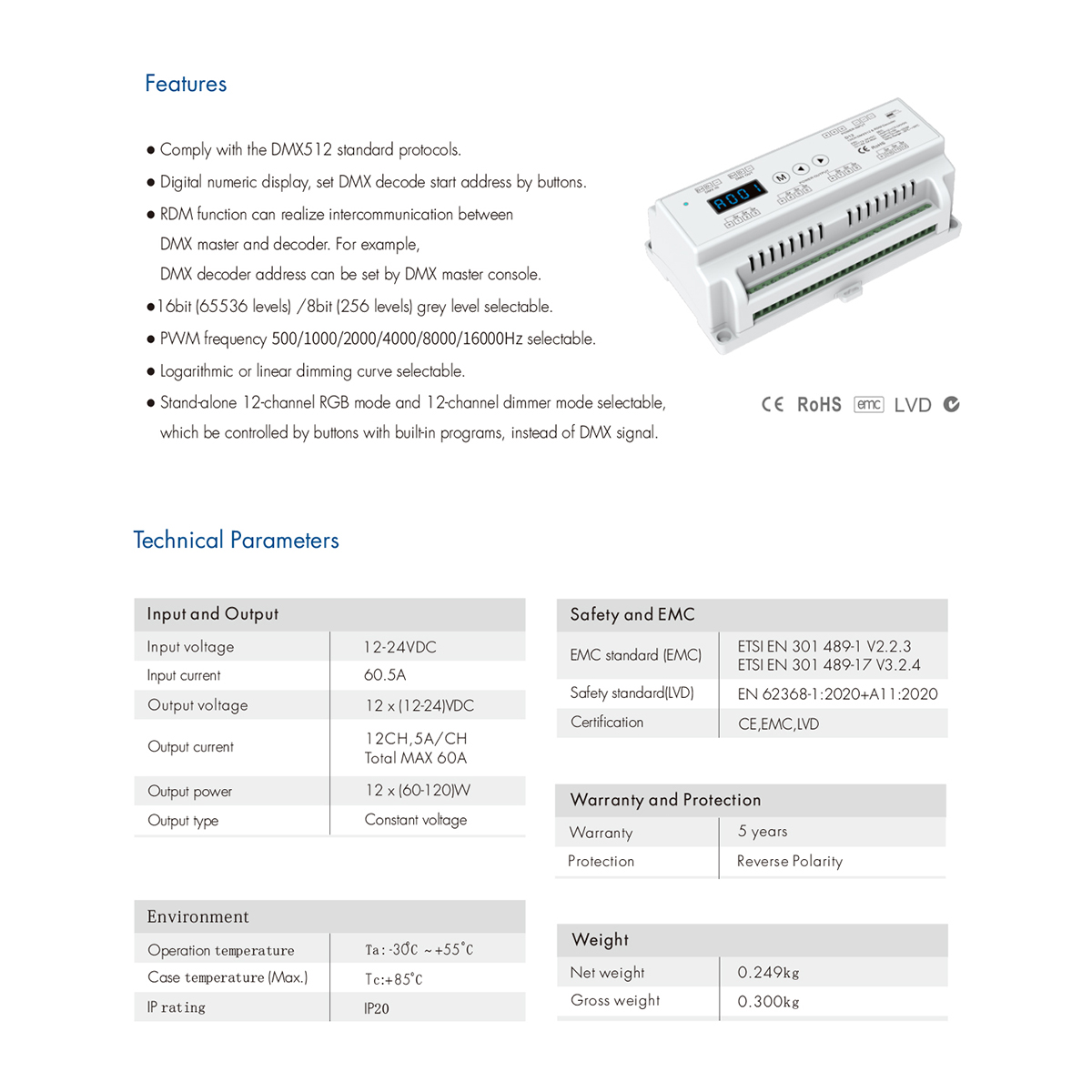 GloboStar® 71449 D12 SKYDANCE DC DMX & RDM Dimmer Din Rail Ράγας High Speed Controller / Decoder / Master 12 Καναλιών DC 12-24V 12 x 5A 120W - Max 60.5A 1440W - IP20 Μ15.5 x Π9 x Υ6cm - 5 Years Warranty - Image 7