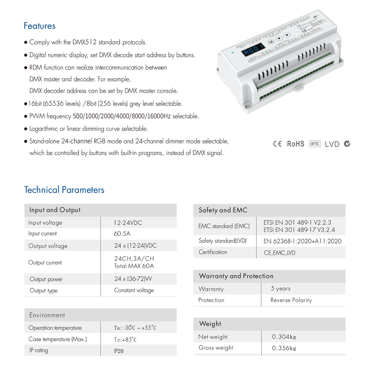 GloboStar® 71450 D24 SKYDANCE DC DMX & RDM Dimmer Din Rail Ράγας High Speed Controller / Decoder 24 Καναλιών DC 12-24V 24 x 3A 72W - Max 72.5A 1740W - IP20 Μ16 x Π9 x Υ6cm - 5 Years Warranty - Image 9
